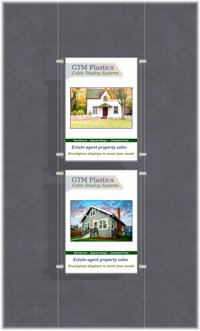 Hanging poster display kits - single width portrait pocket style - Layout: 1x2 assembled between cable wires