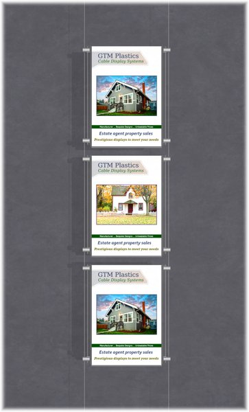 Poster Display - 1x3 Portrait single width pockets - wire suspended poster kit