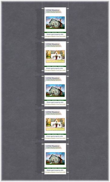 Poster Display - 1x5 Portrait single width pockets - wire suspended poster kit