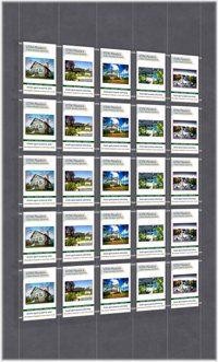 Hanging poster display kits - single width portrait pocket style - Layout: 5x5 assembled between cable wires