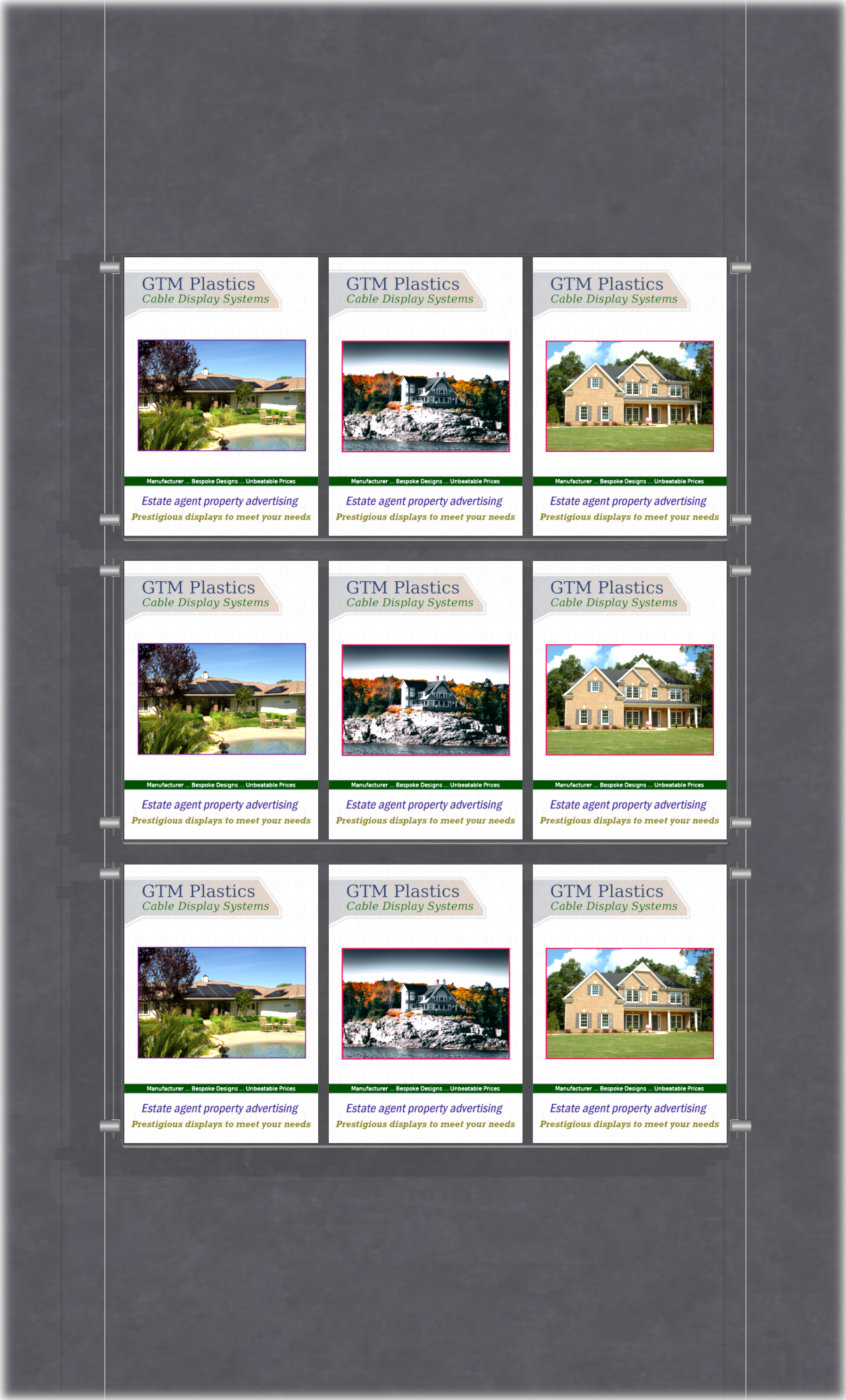Poster Display - 3x3 Portrait triple width pockets - wire suspended poster kit