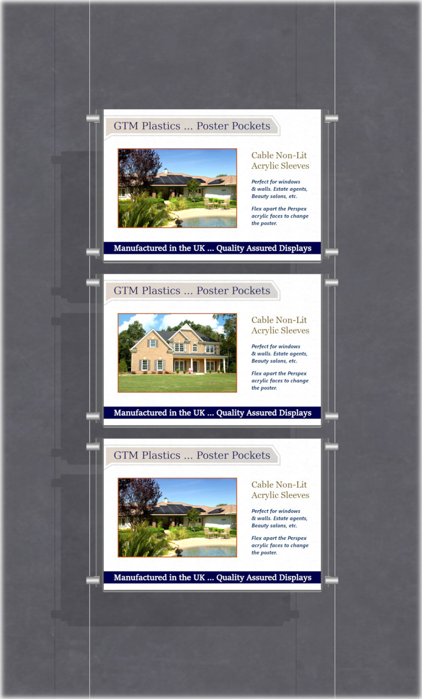 Poster Display - 1x3 Landscape single width pockets - wire suspended poster kit