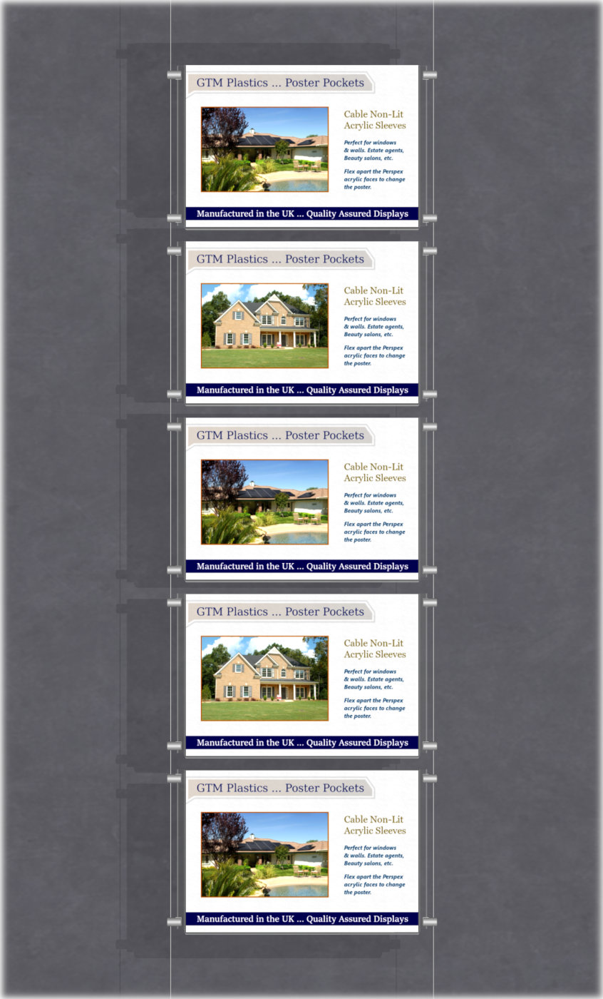 Poster Display - 1x5 Landscape single width pockets - wire suspended poster kit