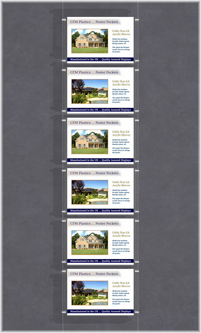 Poster Display - 1x6 Landscape single width pockets - wire suspended poster kit