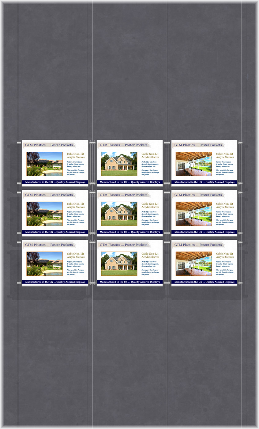 Poster Display - 3x3 Landscape single width pockets - wire suspended poster kit