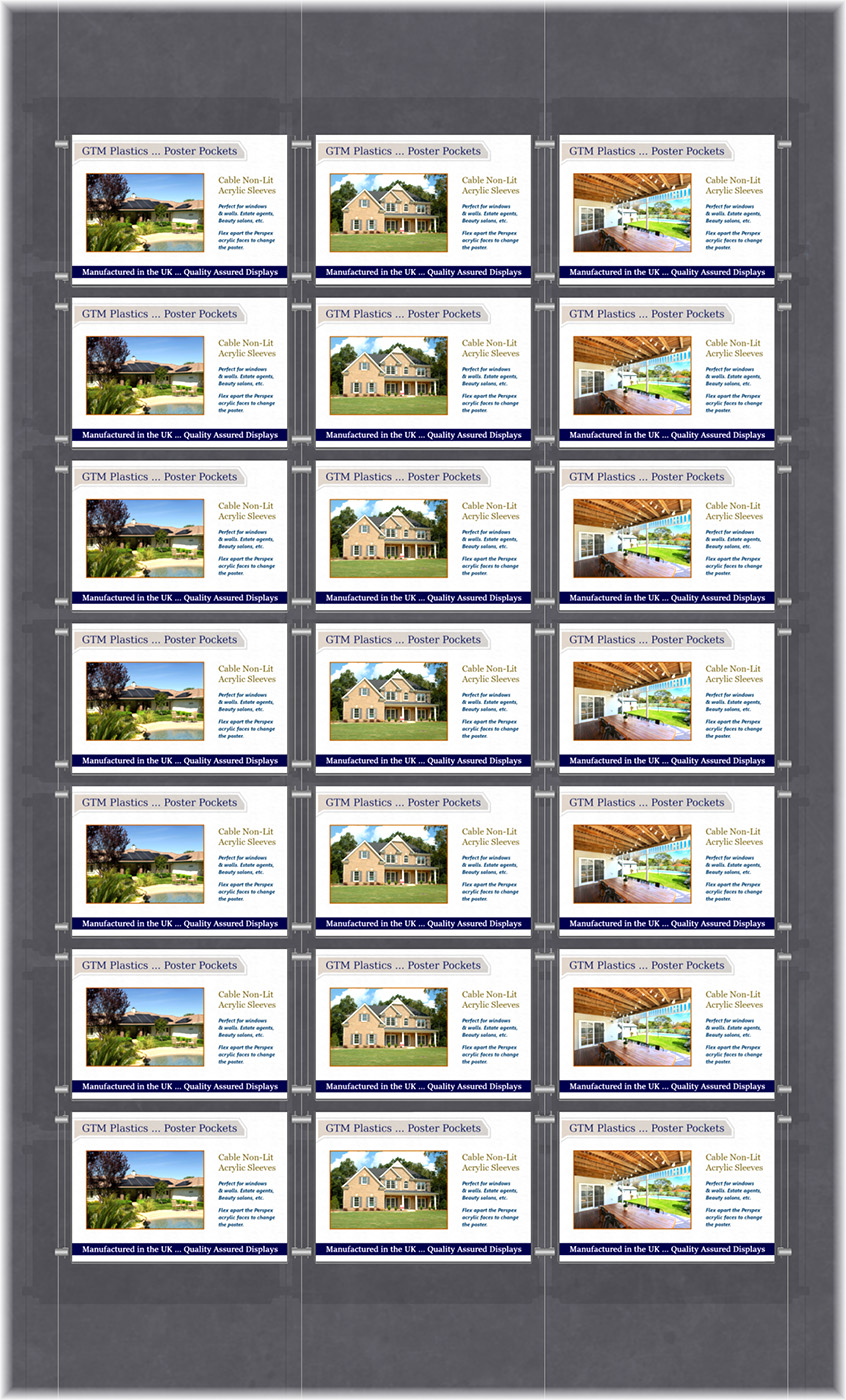 Poster Display - 3x7 Landscape single width pockets - wire suspended poster kit