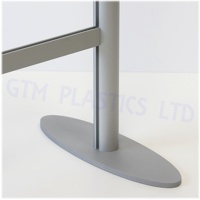 A closeup view of an anodised aluminium frame. The crossbar is slotted into one the upright section which has a steel foot attached at the bottom.