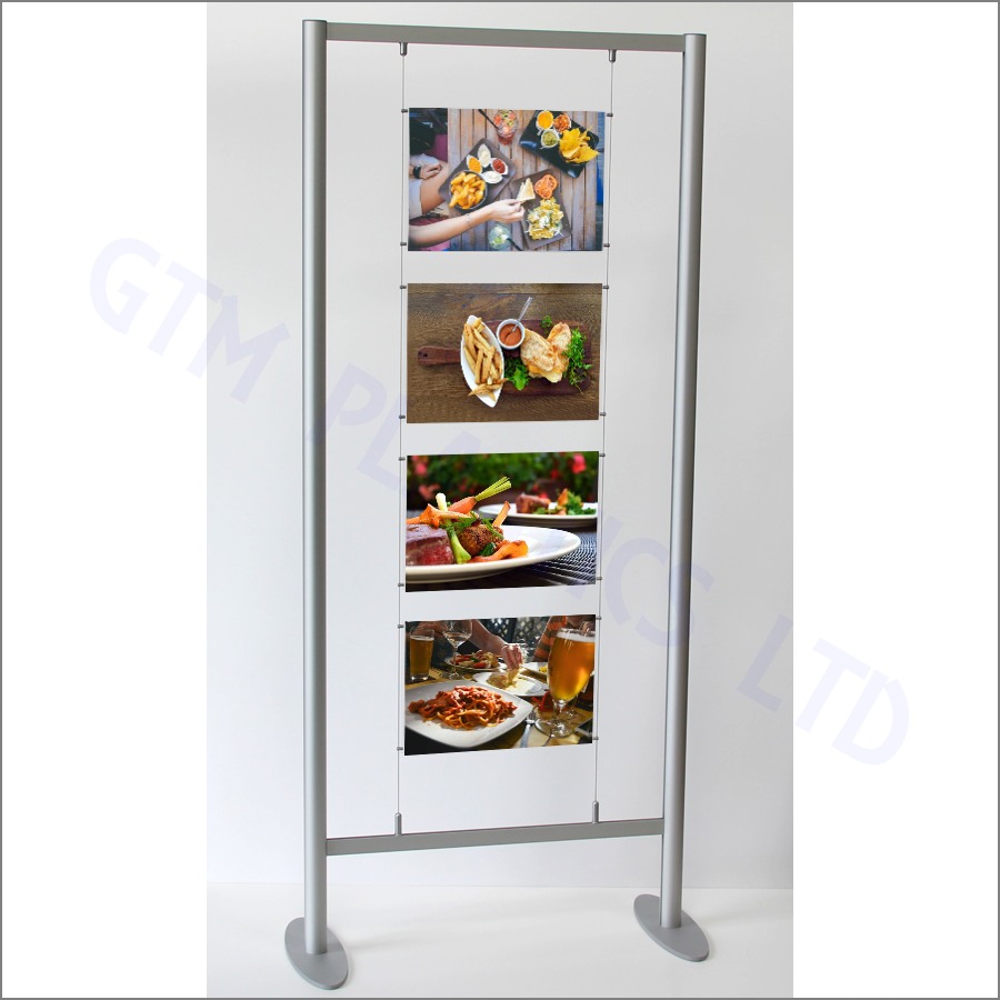 A freestanding 2-metre high anodised aluminium frame, supporting A4 and A3 poster holders suspended between cables that are attached to its crossbars.