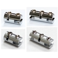 Four small panel clamps, single and double-sided chrome and satin finish side by side, which are used to attach poster holders between vertically hung cables.