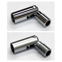 Two wall mounted fixings, one chrome and one satin side by side, which convert our cable kit end fixings to become wall mounted.