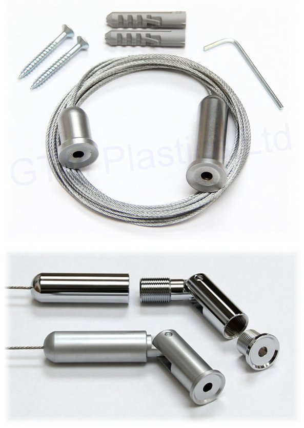 Floor to ceiling cable kits with screws and plastic fixing plugs