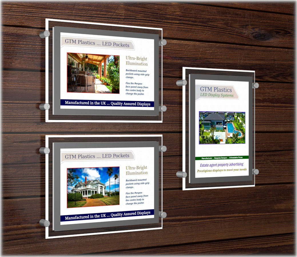 LED illuminated poster pockets mounted onto a wooden backboard
