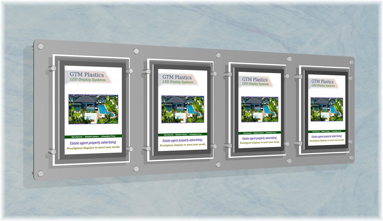 A4 Illuminated poster displays on a silver back-panel mounted to an interior wall