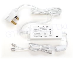12 volt, 5 amp, 60 watt power supply with white body, unboxed to show the cables and connectors.