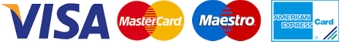 Credit & debit card payment logos image, consisting of Visa, Mastercard, Maestro, and American Express.