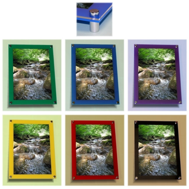 Wall mounted photo and poster frames which consist of acrylic panels and stand-off clamps