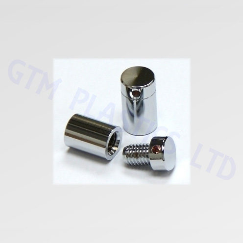 Two chrome finish stand-off clamps, by themselves positioned side by side. One clamp is assembled, the other has its inner body unscrewed.