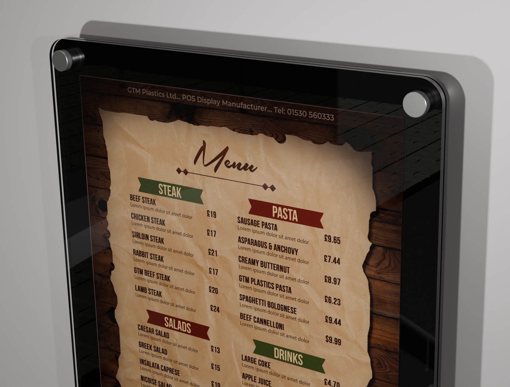 A poster sandwiched between two acrylic panels. The rear panel is opaque black. The photo is zoomed in to show the rounded corners closeup.
