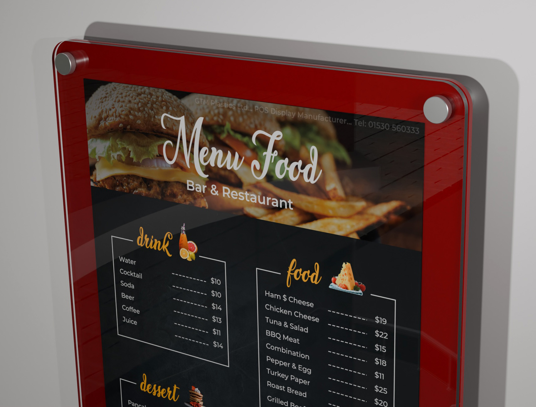 A poster sandwiched between two acrylic panels. The rear panel is opaque red. The photo is zoomed in to show the rounded corners closeup.